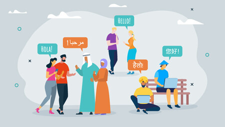 Illustration of various people from different countries speaking different languages