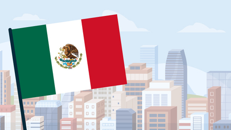 Illustration of the Mexican flag with a city skyline in the backdrop