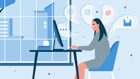 Illustration of a woman sitting at a desk working on a computer