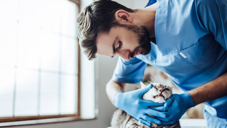 Young male veterinarian examining a cat's teeth