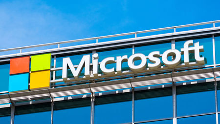 Microsoft logo on company building in Silicon Valley, San Francisco