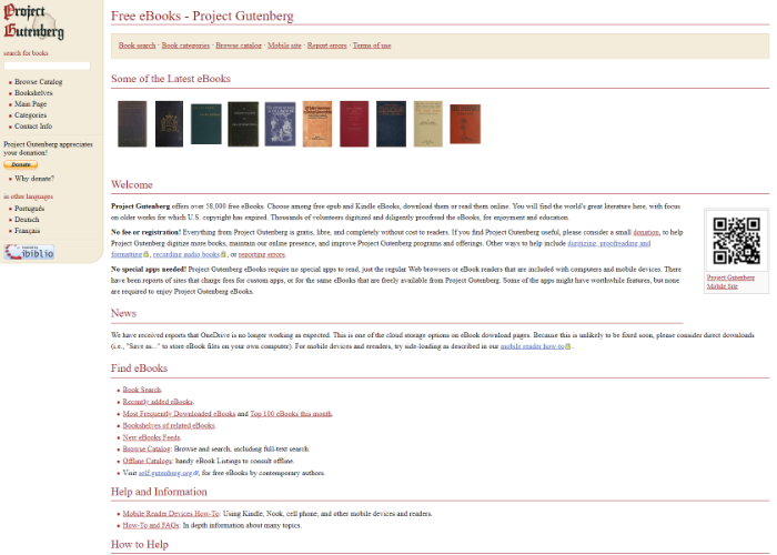 Screenshot of the Project Gutenberg homepage