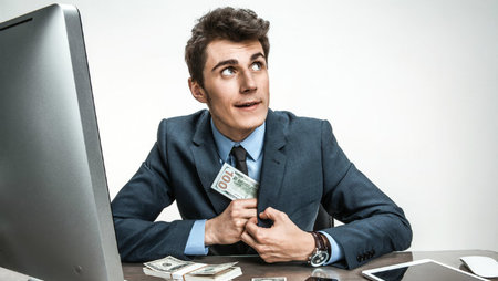 Young businessman sitting at a desk and putting money into his jacket