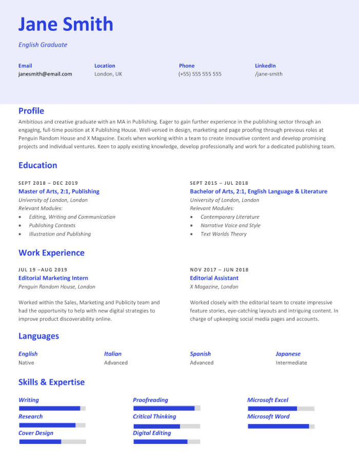 Graduate CV résumé example and template
