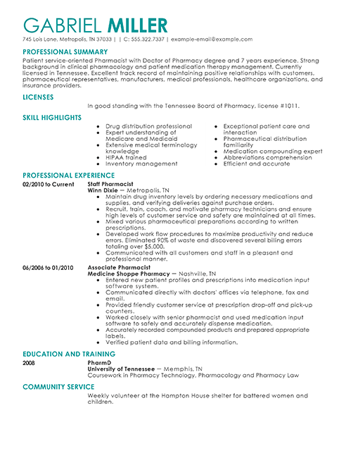 Good Pharmacist CV résumé example