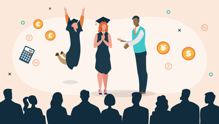 Illustration of graduates receiving their diplomas surrounded by various financial icons and currency signs