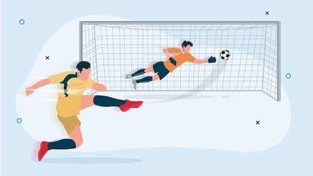 Illustration of football athlete kicking a ball and a goalie 