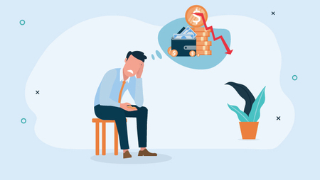 Illustration of man sitting down and thinking about money debt