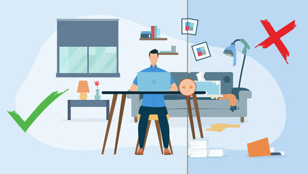Illustration of a man sitting on a desk, in front of a laptop in his home office 