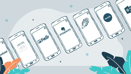 Illustration of seven smartphones each featuring an app logo on its screen, including evernote, trello, google calendar, todoist and focus