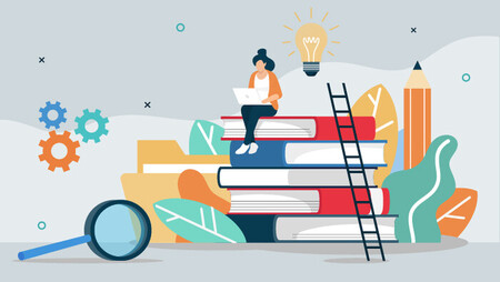 Illustration of a woman holding her laptop and sitting on an over-sized pile of books