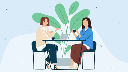 Illustration of two women sitting at a table talking and drinking coffee