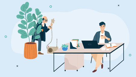Illustration of a man with a moustache hiding behind a plant and spying on a male employee in the office