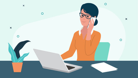 Illustration of a woman sitting in front of her desk, calling someone on the phone