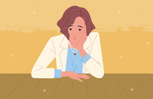 Illustration of woman sitting down, looking sad and leaning her face in her left hand