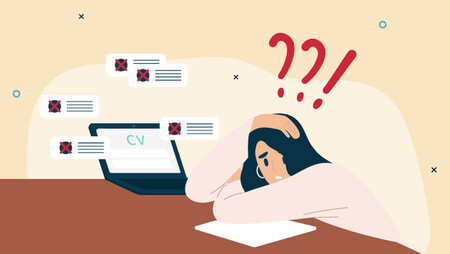 Illustration of a woman with red question marks floating over her head leaning on her desk in front of her laptop wondering why her application was rejected