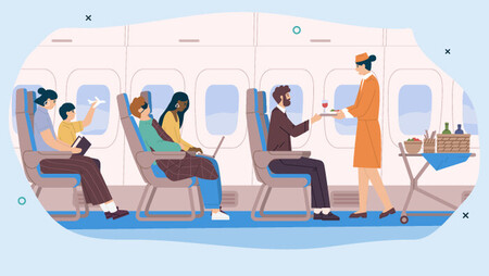 Illustration of a female cabin crew member serving drinks to passengers on a plane