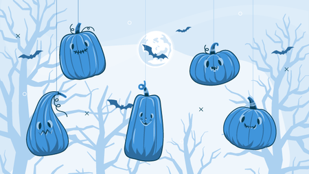 Illustration of pumpkins on strings and bats flying in a forest in the background during Halloween