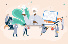 Illustration of a group of pharmacists studying and conducting experiments