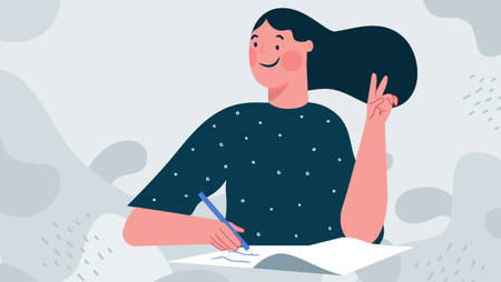 Illustration of a woman sitting at a desk and making a peace sign