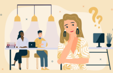 Illustration of a pensive woman in the foreground of a busy office