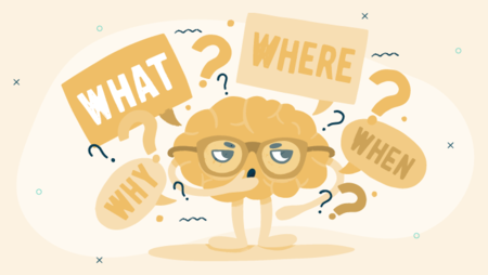 Illustration of a caricatured human brain wearing glasses and asking questions