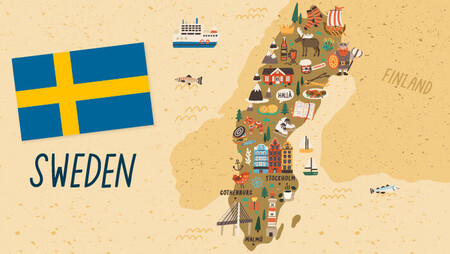 Illustration of Sweden's flag, along with a map of the country