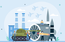 Illustration of a tank, two rockets and an airplane engine