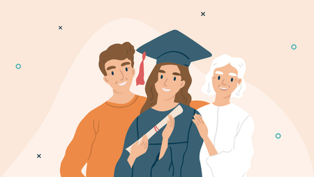 Illustration of a happy family embracing a graduate student who is holding a diploma