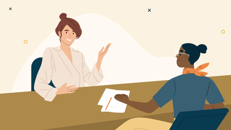Illustration of two women sitting across from each other and talking during an interview