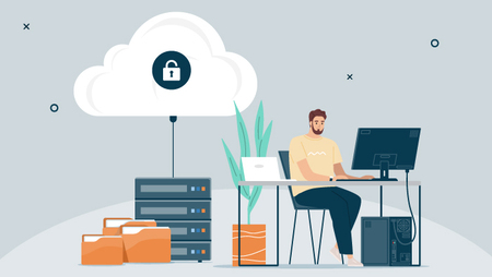 Illustration of a man sitting at a desk and working on a computer surrounded by cloud storage icons