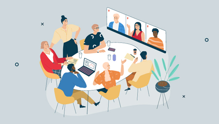 Illustration of a group of people in a meeting room holding a video conference