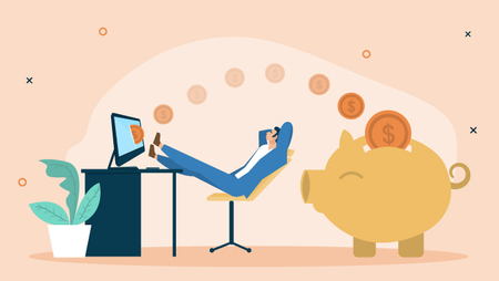 Illustration of a man sitting at a desk, and money emerging from a computer screen and going into a large piggy bank