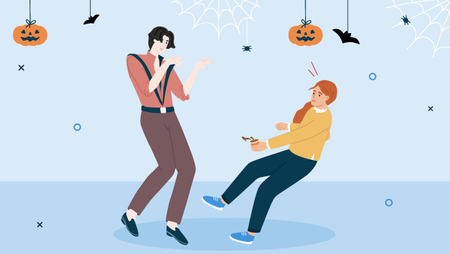 Illustration of a girl getting scared by a guy and falling over