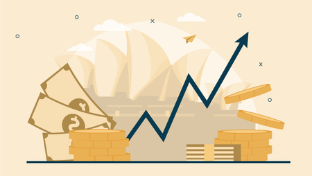 Illustration of money against a backdrop of the Sydney Opera House