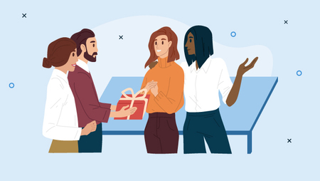 Illustration of four people talking with each other, one of them is holding a red gift box with a white ribbon