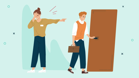 Illustration of two people, a man and a woman - the woman is pointing towards a door and the man is walking out of the door and holding a briefcase