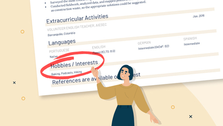 Illustration of a woman standing next to an oversized CV and pointing at a section titled 'Hobbies/Interests'