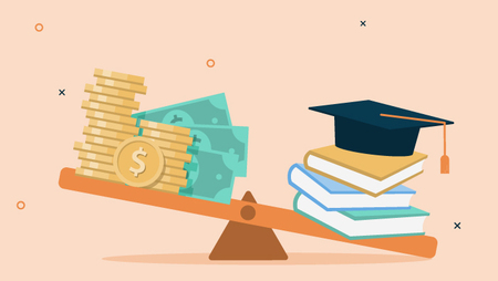 Illustration of a scale weighing money with books and a mortar board