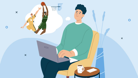 Illustration of a man working on a laptop and thinking about a basketball game