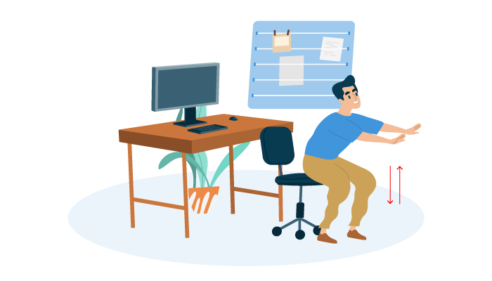 illustration of a man doing chair squats while hovering over their office chair