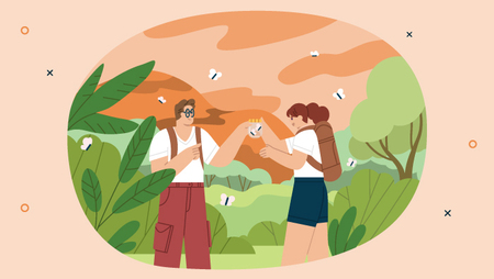 Illustration of man and woman collecting butterflies in a wooded area