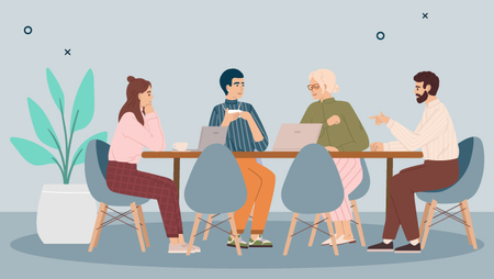 Illustration showing four people sitting at a table talking to each other.