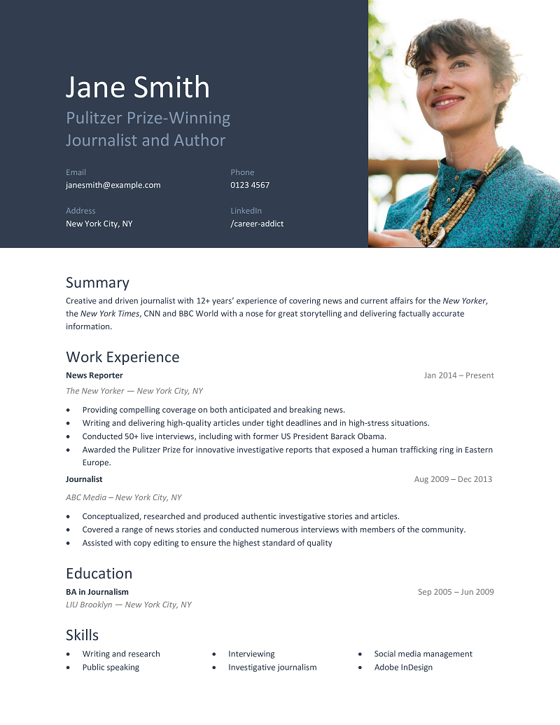 Smooth Resume Template Journalist Example