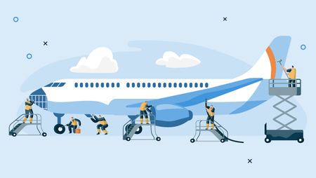 Illustration of a commercial aircraft and six people carrying out maintenance work on different parts of it