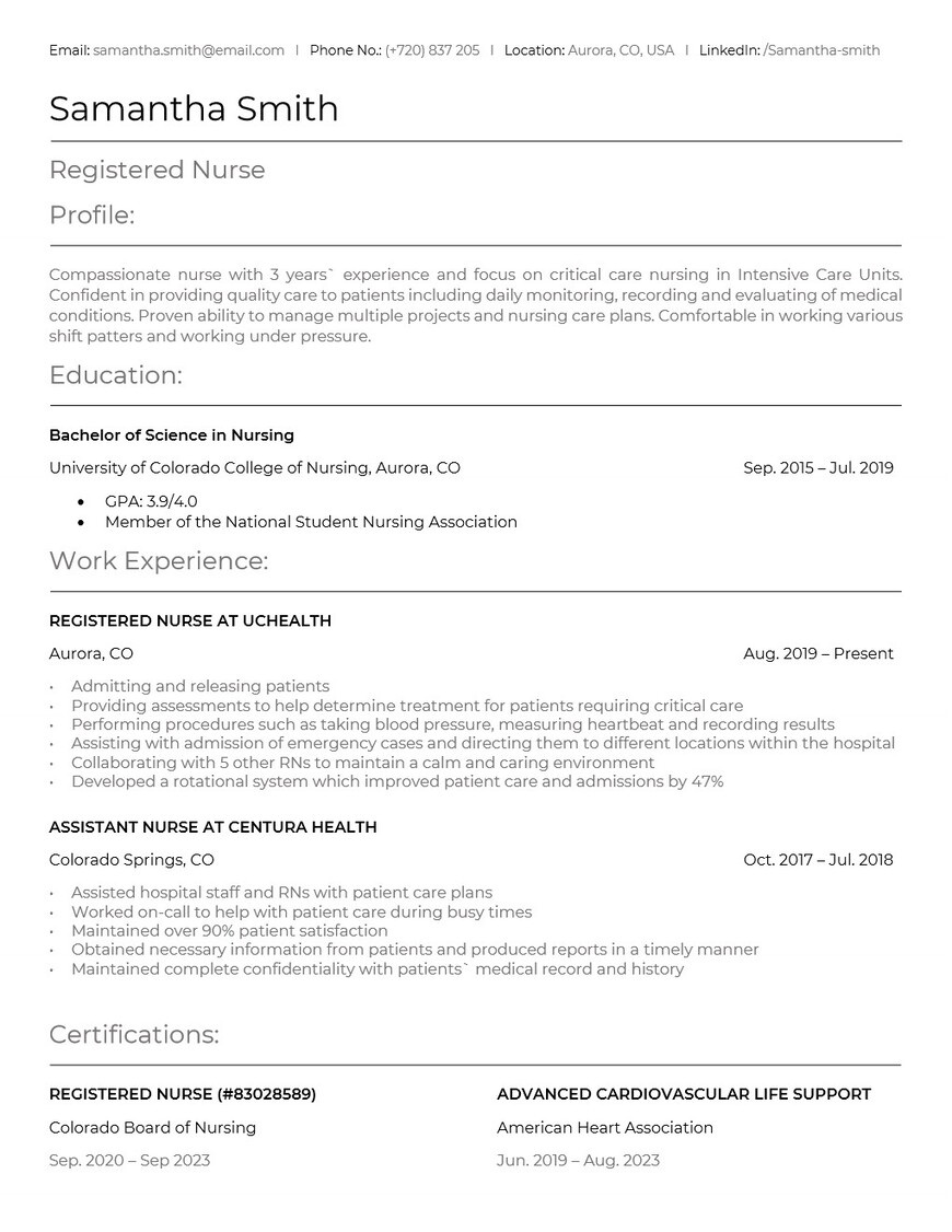 CV/resume example for a registered nurse