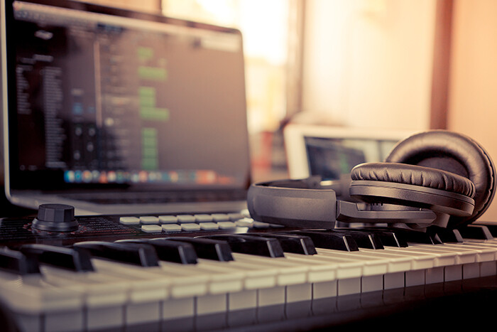 Film composer career concept of keyboard and software