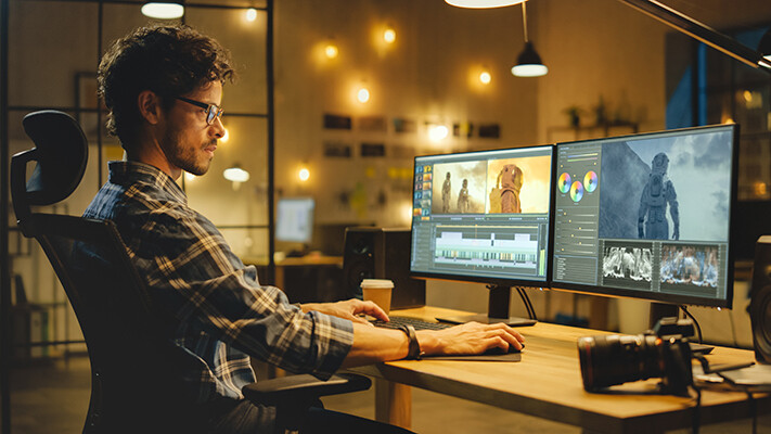 Film editor professional working on raw footage