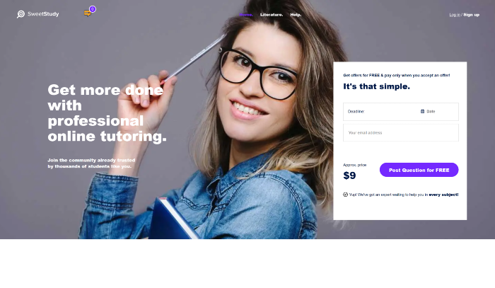 SweetStudy website where tutors help students with homework