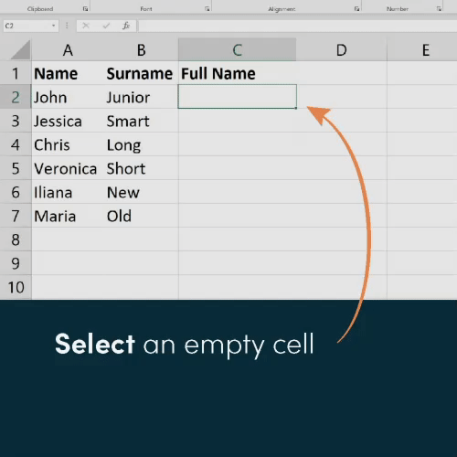 Excel skills - GIF showing how to use the CONCATENATE function